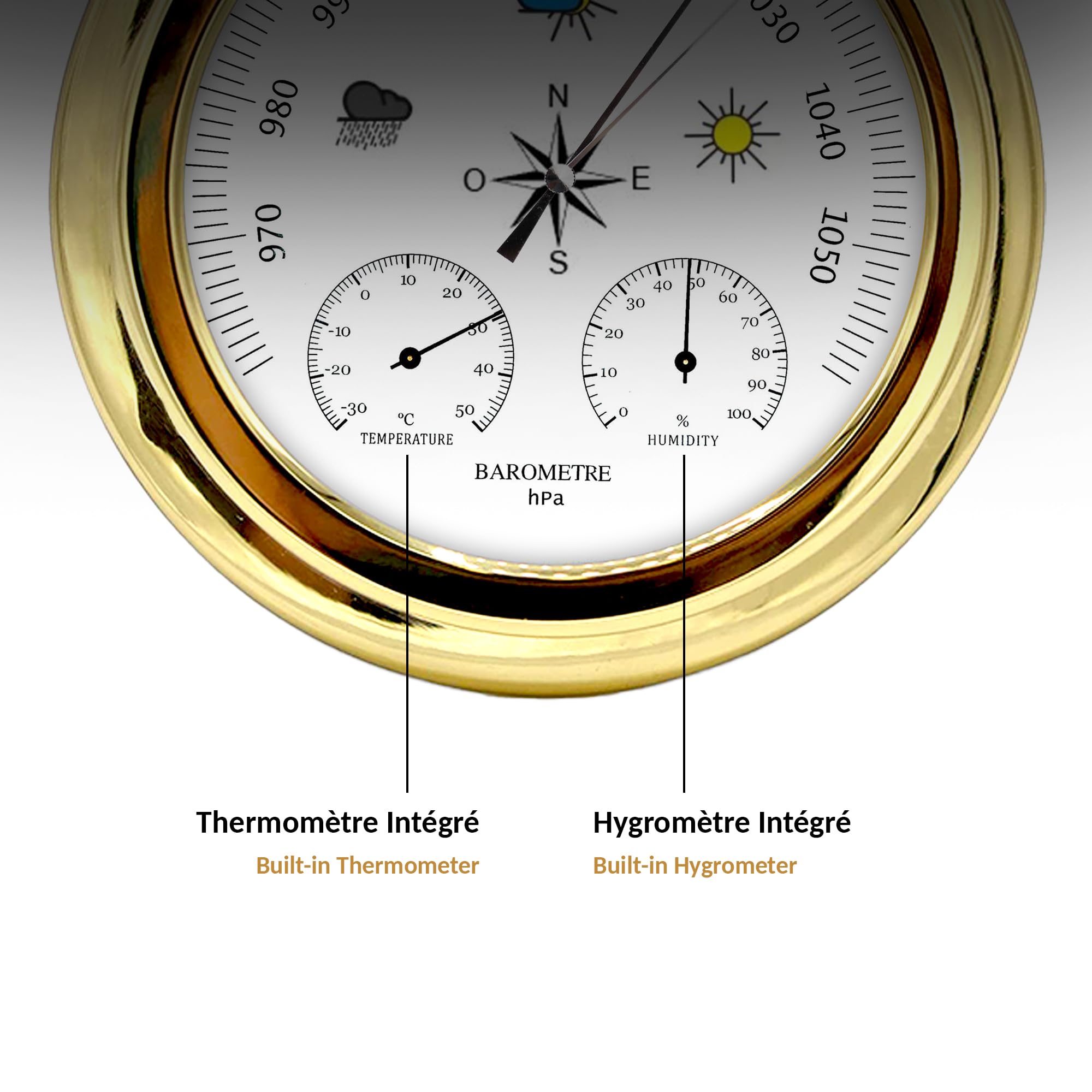 FISHTEC - Barometro meccanico 3 in 1 con termometro e igrometro - Telaio in metallo dorato Ø22,5 cm - Lettura pressione 961-1059 hPa - Elegante design vintage per soggiorno, ufficio o veranda