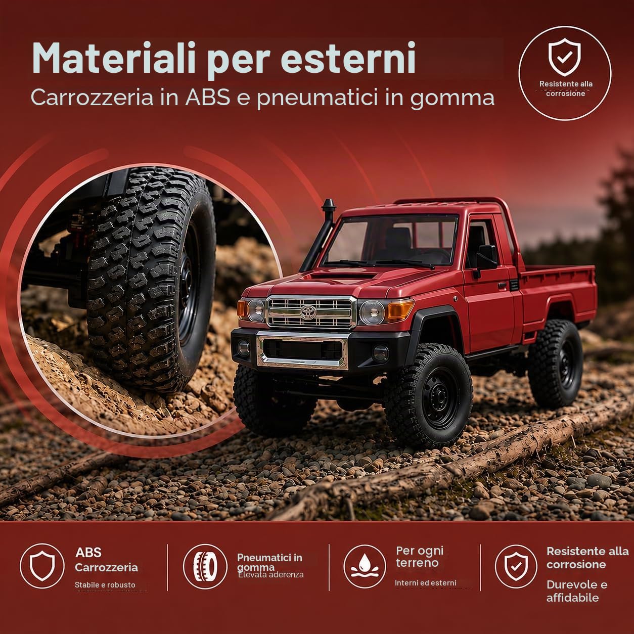 Toyota Land Cruiser | Auto RC telecomandato 1:12 | 4WD Crawler Pickup | Controllo 2,4 GHz 100 m | Luce LED | Li-Ion 7,4 V 500 mAh 30 min | Set completo RTR Offroad (Rosso)