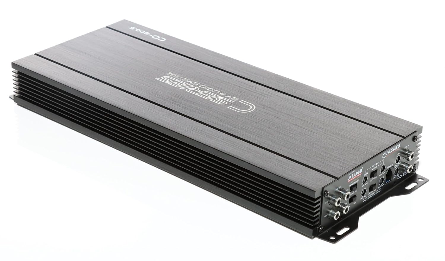 Angled view of the Audio System CO-600.5 amplifier, showing both input/control and power/speaker sides.