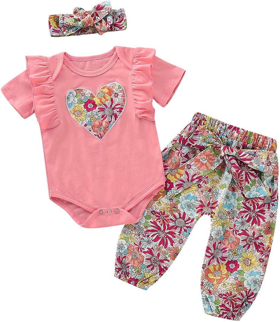 NZRVAWS Baby Outfits for Girls Summer Short Sleeve Girls Rompers with Pants and Headband Floral Heart Print Newborn Ruffle Jumpsuit Set 3-6 Months