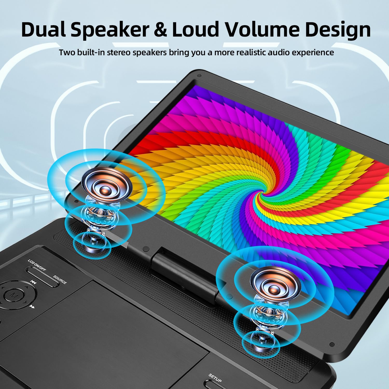 KCR 14 Pouces TV Portable/Lecteur DVD Combo avec écran LED Rotatif HD et Tuner TV DVB-T2 numérique/USB/HDMI/AV/Audio, Batterie intégrée, Double Haut-Parleur stéréo