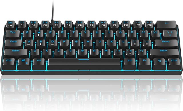 MageGee MK-Mini 60% Mechanical Gaming Keyboard, 61 Keys Compact Blue Switches Gaming Keyboard, Portable USB Type-C Wired Office Keyboard with Blue LED Backlit for Computer PC Laptop, Black