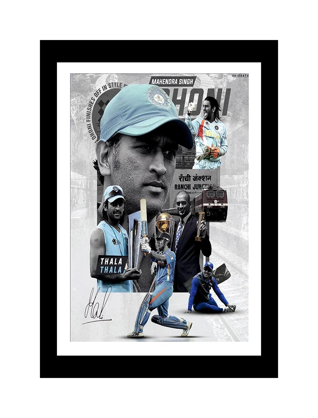 Sky Flying M.S.Dhoni Indian Cricket Photo Frame Poster For Living Room, Bedroom, Office, (Multicolor Framed, Size - 33Cm X 25Cm)