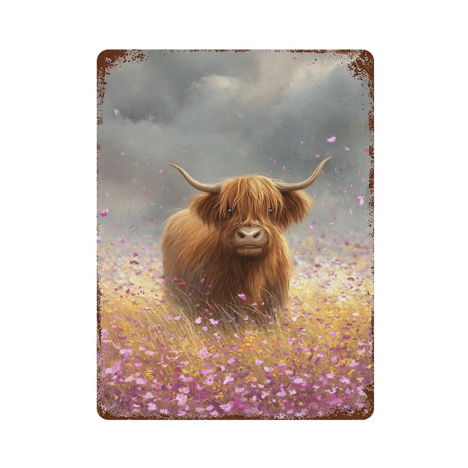 Highland Cow in Flower Field 15.7"x11.8" Aged Metal Wall Plaque, Novelty Wall Decor for Shed, Workshop And Garage Wall Decor
