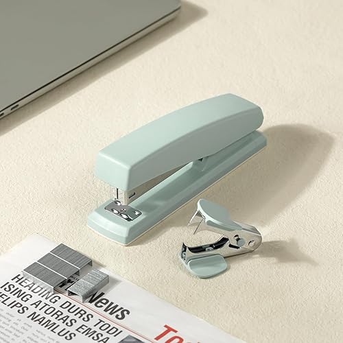 Vista 49 de Deli Engrapadora, engrapadora de escritorio, grapadora de oficina, capacidad para 25 hojas, incluye 1000 grapas y removedor de grapas, rosa Rosado