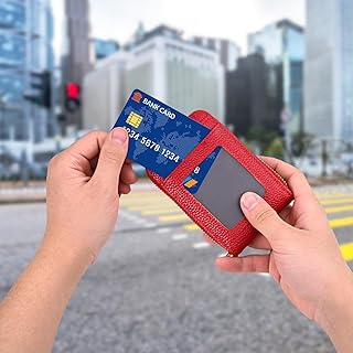 Mini-Kreditkartenetui aus echtem Leder, RFID-blockierend, kompakt, mit Ausweisfenster, Rot/Ausflug, einfarbig (Getaway Solids), 4 inches (D) x 2.9 inches (W) x 1.2 inches (H), Modernität