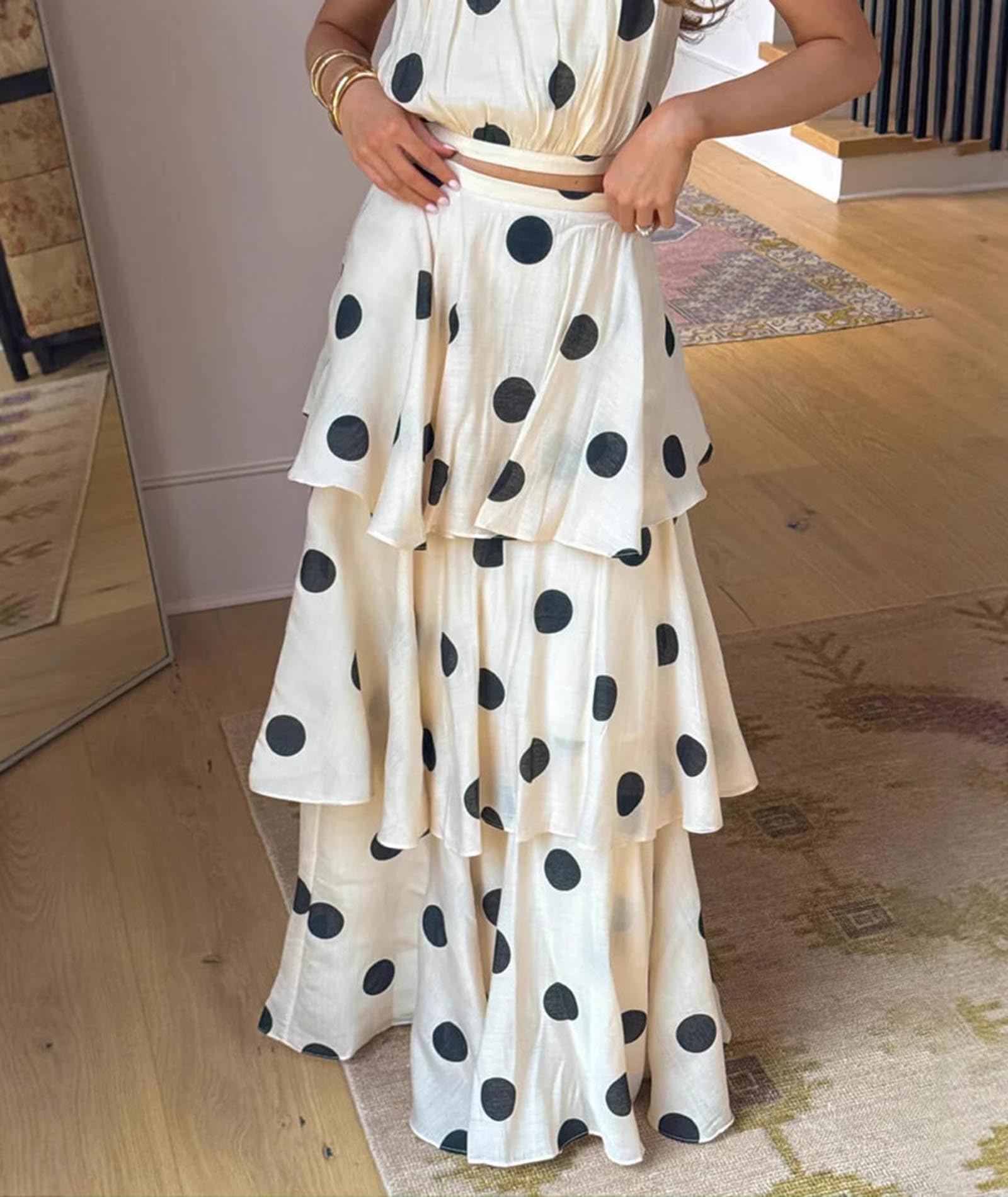 Conjunto de fiesta de dos piezas para mujer, elegante y veraniego: Top corto sin mangas con cuello halter de lunares + Falda maxi ajustada con volantes en capas