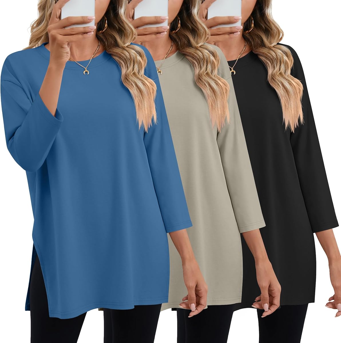 Huukeay 3 Pack Women's Oversized T Shirts Workout 3/4 Sleeve Top Loose Side Split Gym Elbow Crewneck Fall Casual Clothes Tee