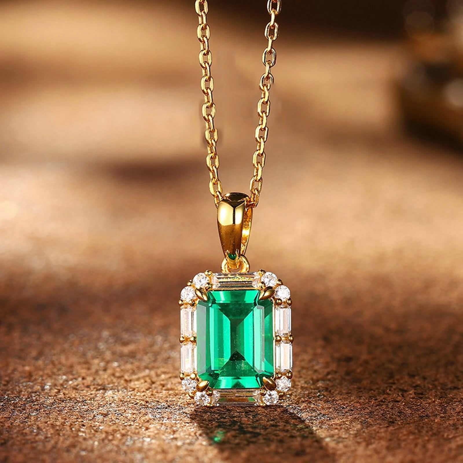 Collana da donna per matrimonio, collana da donna, anniversario, rettangolo con 2 carati in laboratorio, smeraldo e moissanite oro giallo