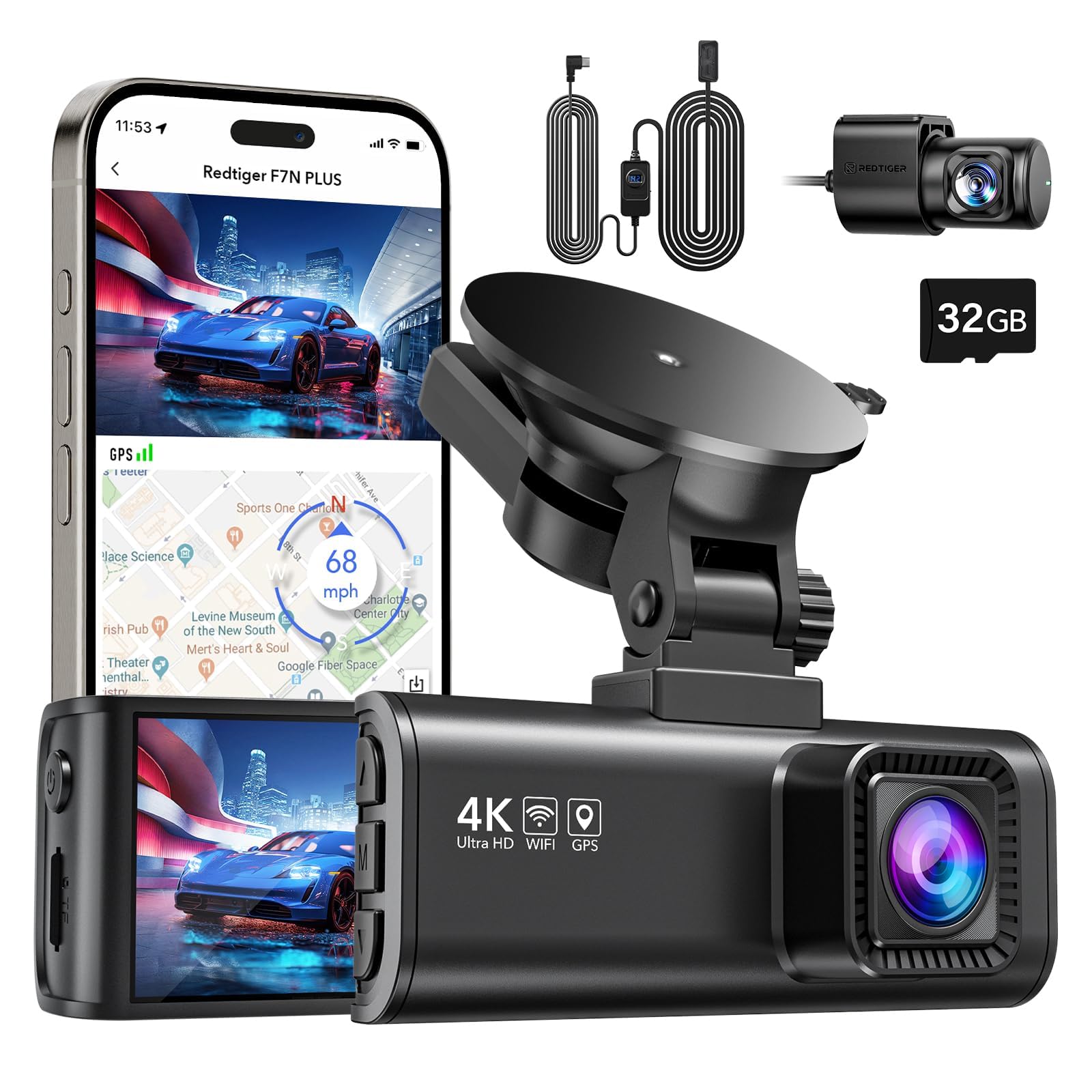 REDTIGER F7NP Dashcam und OBD Hardwire Kit, 4K Starvis 2 Dashcam Auto mit integriertem GPS, WLAN und mitgelieferter Speicherkarte