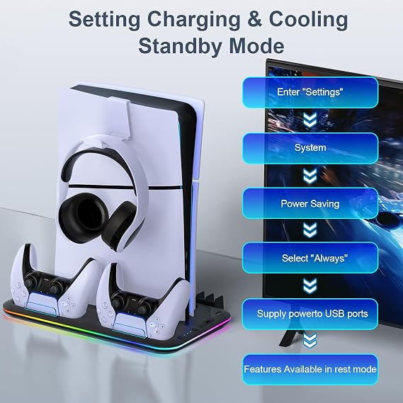 Cooling Stand for PS5 with Dual Controller Charging Station Compatible with PS5 Pro/Slim Disc & Digital Console, Vertical Stand with 3-Speed Fan, 15 Game Disc Slots, Headphone Hook, LED Lights, Black