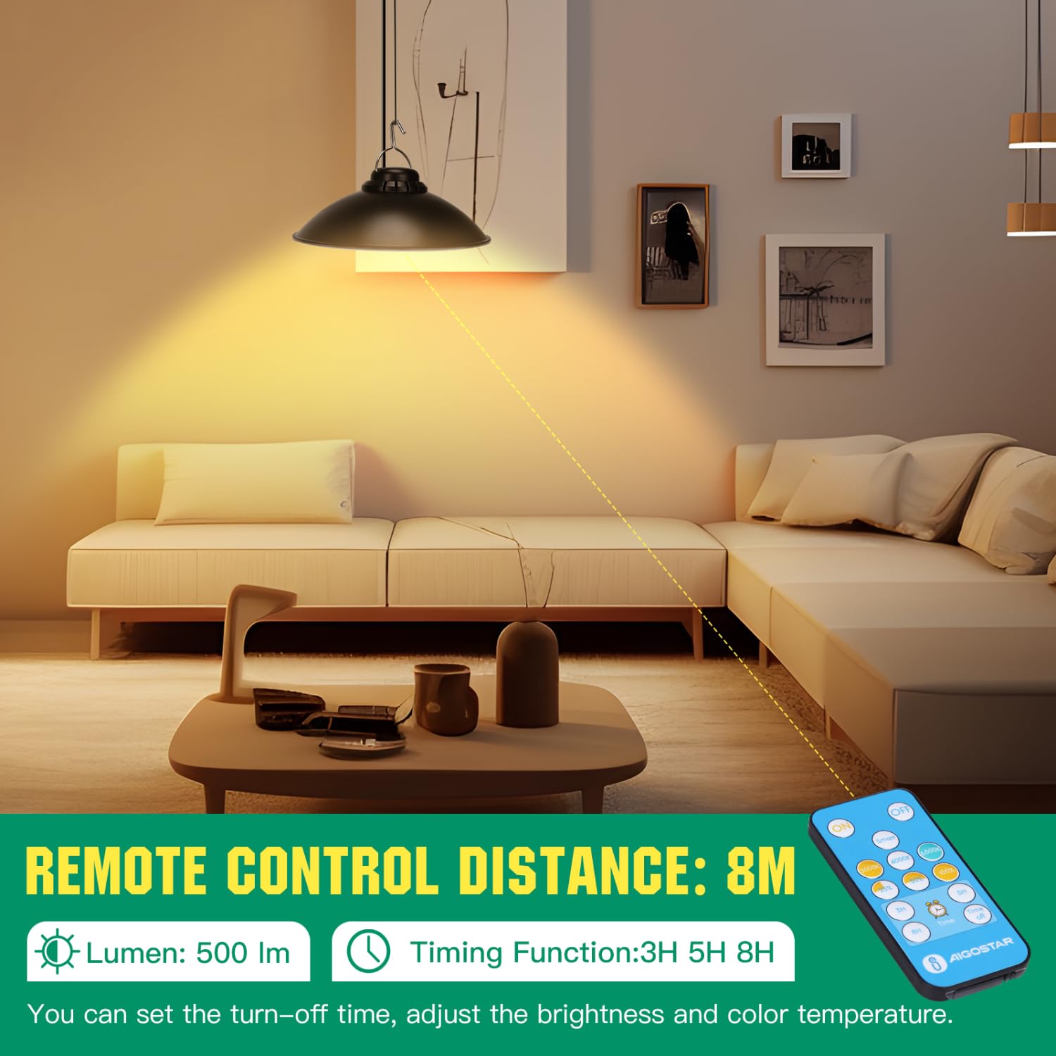 Aigostar - Luz solar exterior con mando a distancia,batería de gran capacidad y resistente al agua IP65, regulable, Lámpara de techo solar con cable de 3 m para jardín/interior/exterior