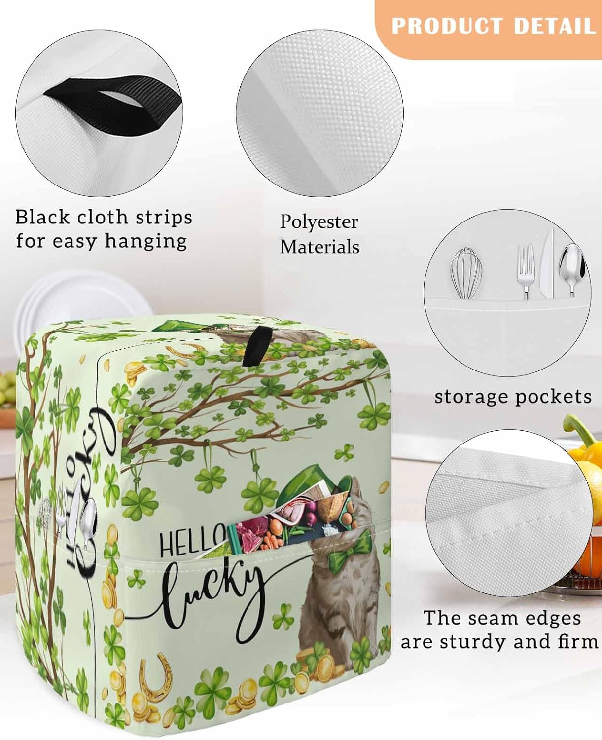 St. Patrick's Day Stand Mixer Cover with Storage Pocket, Waterproof Kitchen Mixer Covers, Lucky Cat Shamrock Grasses Trees Kitchen Appliance Dust Cover Compatible with 4/4.5 Quart Mixers