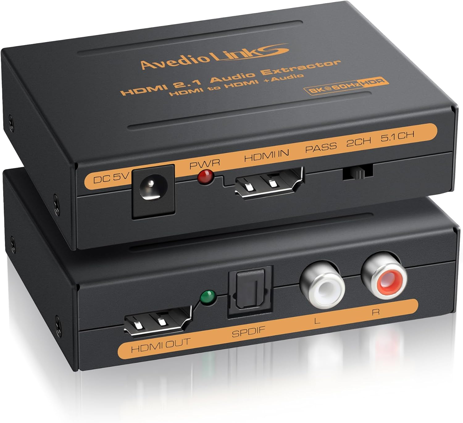 ດ້ານໜ້າ ແລະ ດ້ານຫຼັງ view of the avedio links 8K HDMI Audio Extractor