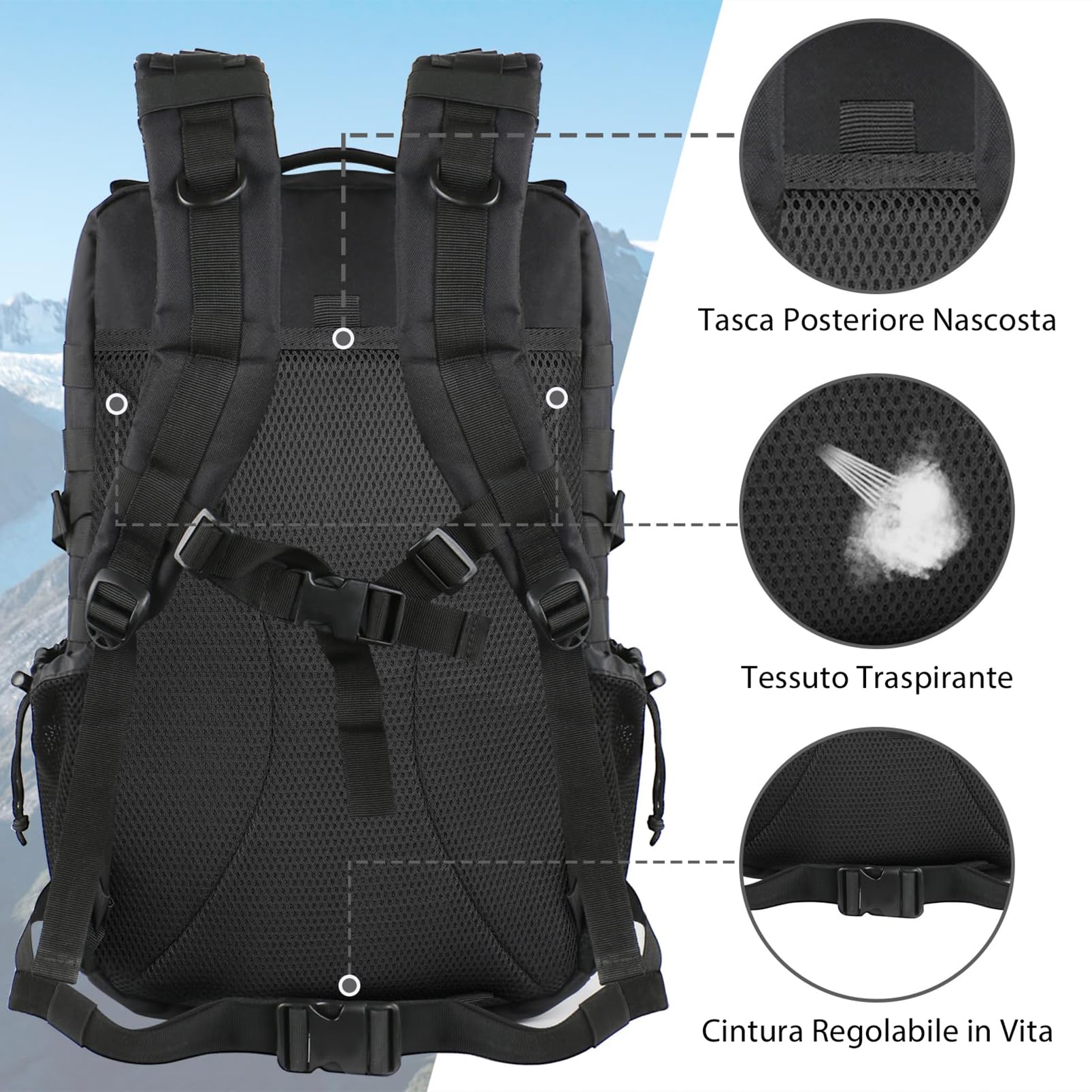 YOREPEK Zaino Tattico Militare, Grande zaino 50 Litri, Zaini Multifunzione | Zaino Tattico 50L, Zaino Molle Professionale Impermeabile per Lungo Viaggio, Caccia, Escursionismo, Campeggio, Patrol, Nero