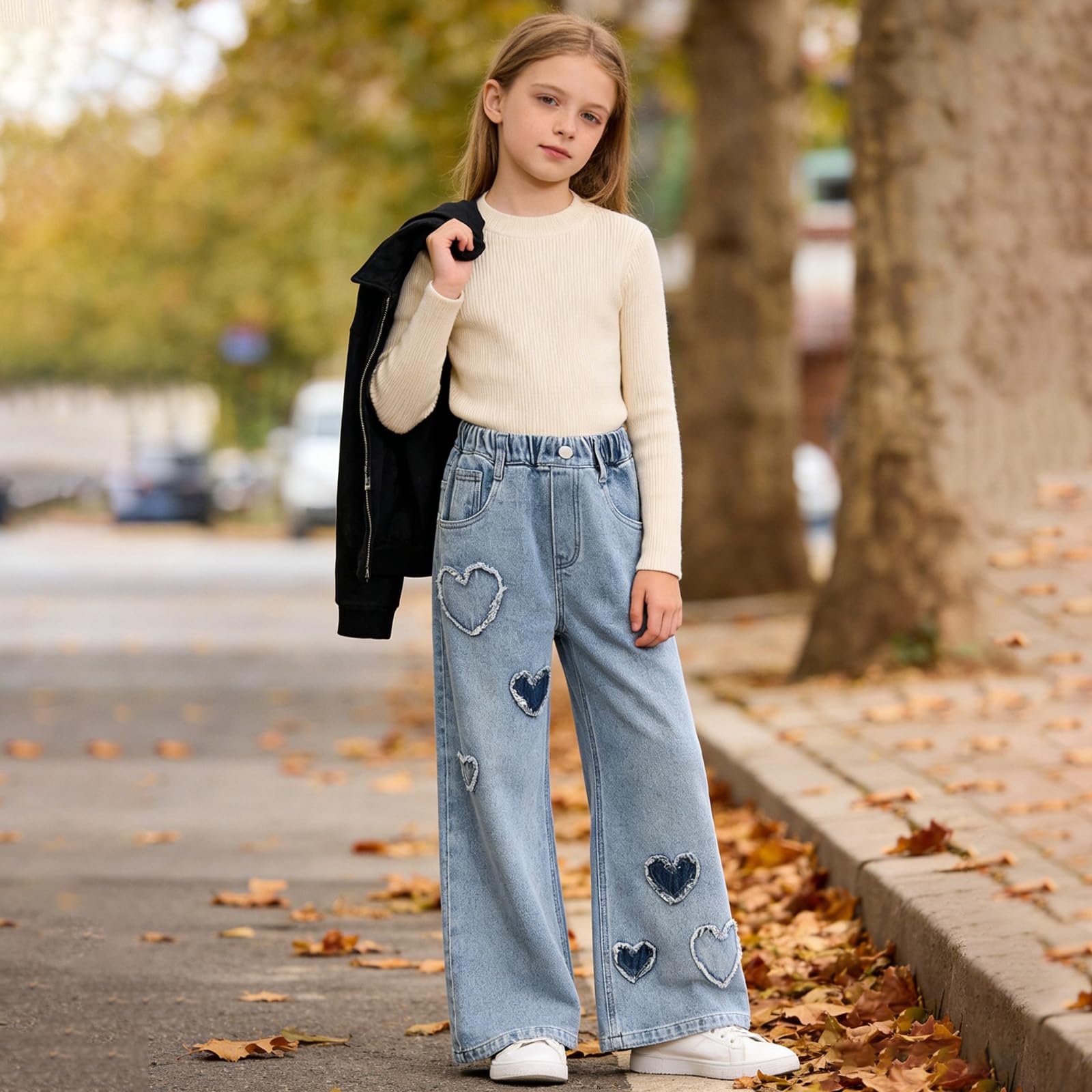 Betusline Baggy-Jeans für Mädchen, elastische Taille, lässig, weites Bein, Denim-Hose, 6–14 Jahre