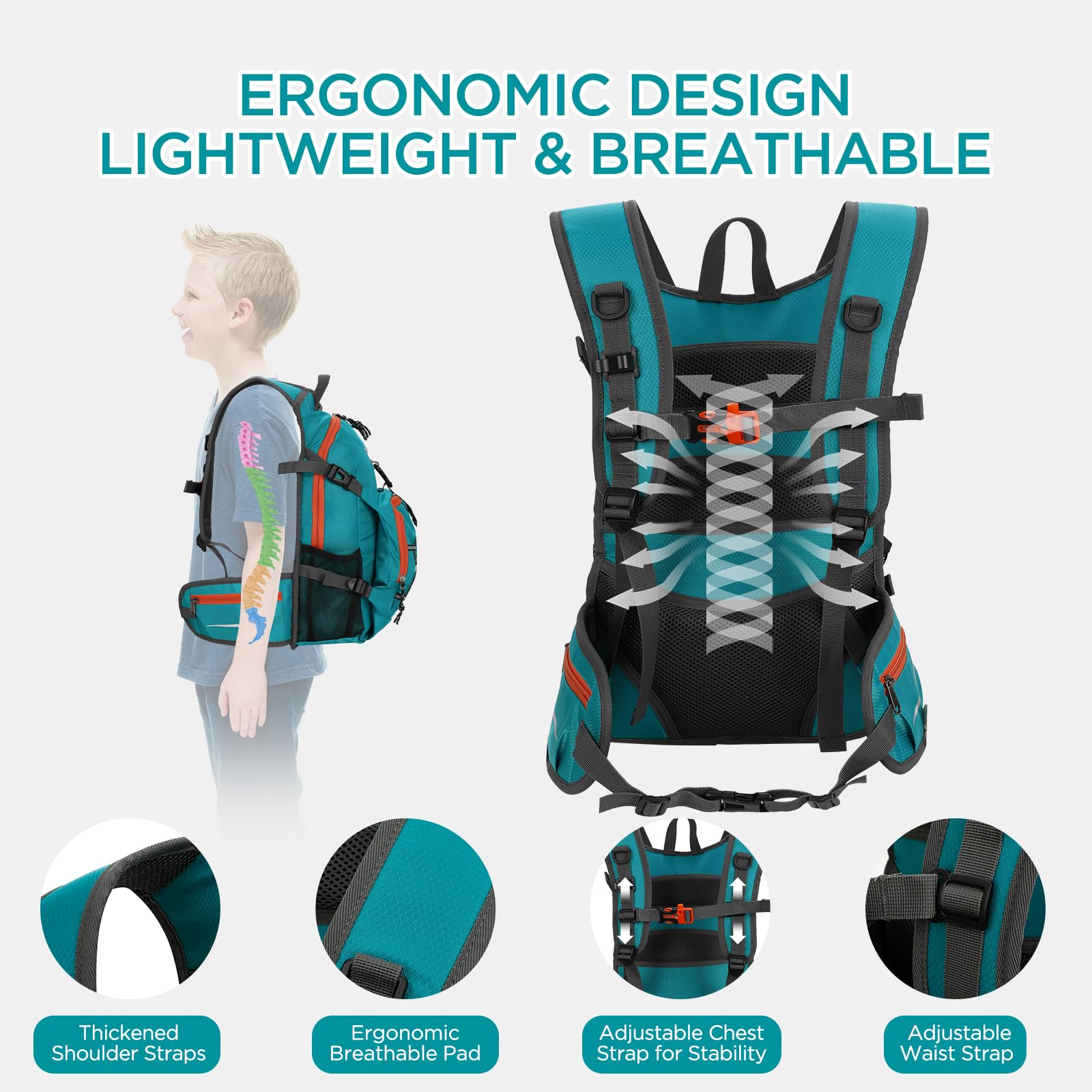 Cozary Rugzak voor kinderen, 18 liter, comfortabele trekkingrugzak voor kinderen, met reflecterende banden, waterdicht, wandelen, voor jongens van 6 tot 12 jaar, voor uitstapjes, outdoor-activiteiten