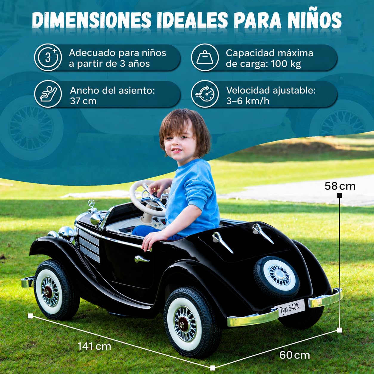 Auto elettrica per bambini, 12 V, con telecomando, luce LED e musica, colore nero