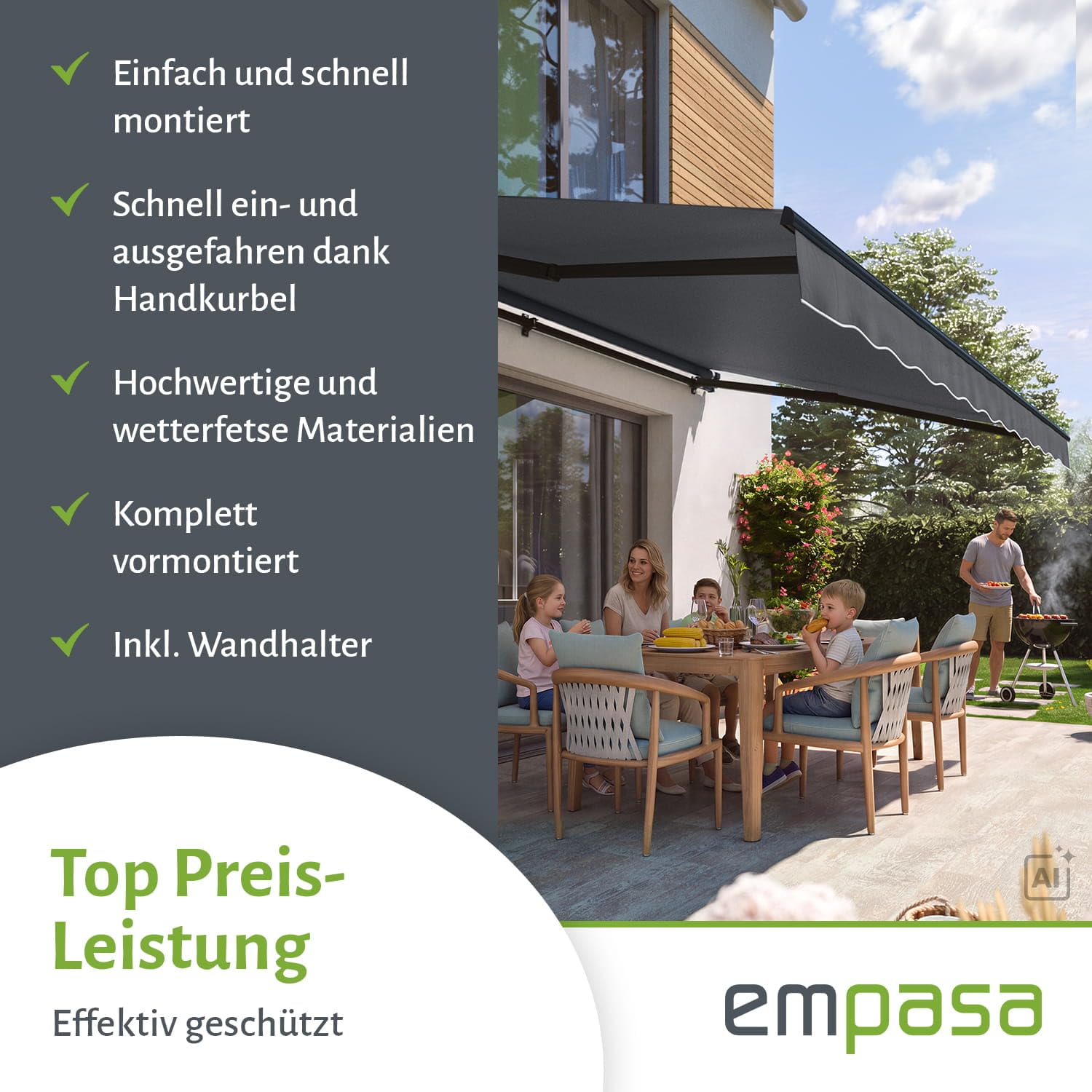 markise preis leistung empasa manuelle Gelenkarmmarkise Start Breite des Schutzblechs:35mm Strand-/ und Familiencampingplatz Bensersiel Fam_Lvl_2: Antrieb