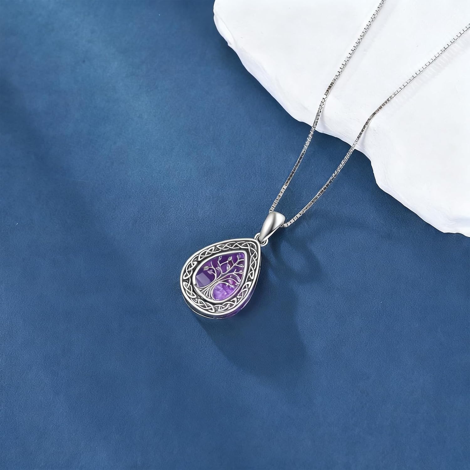Celtic Tree of Life Necklace, Sterling Silver Pendant with Natural Turquoise/Amethyst, Boho Spiritual Jewelry Gift for Women