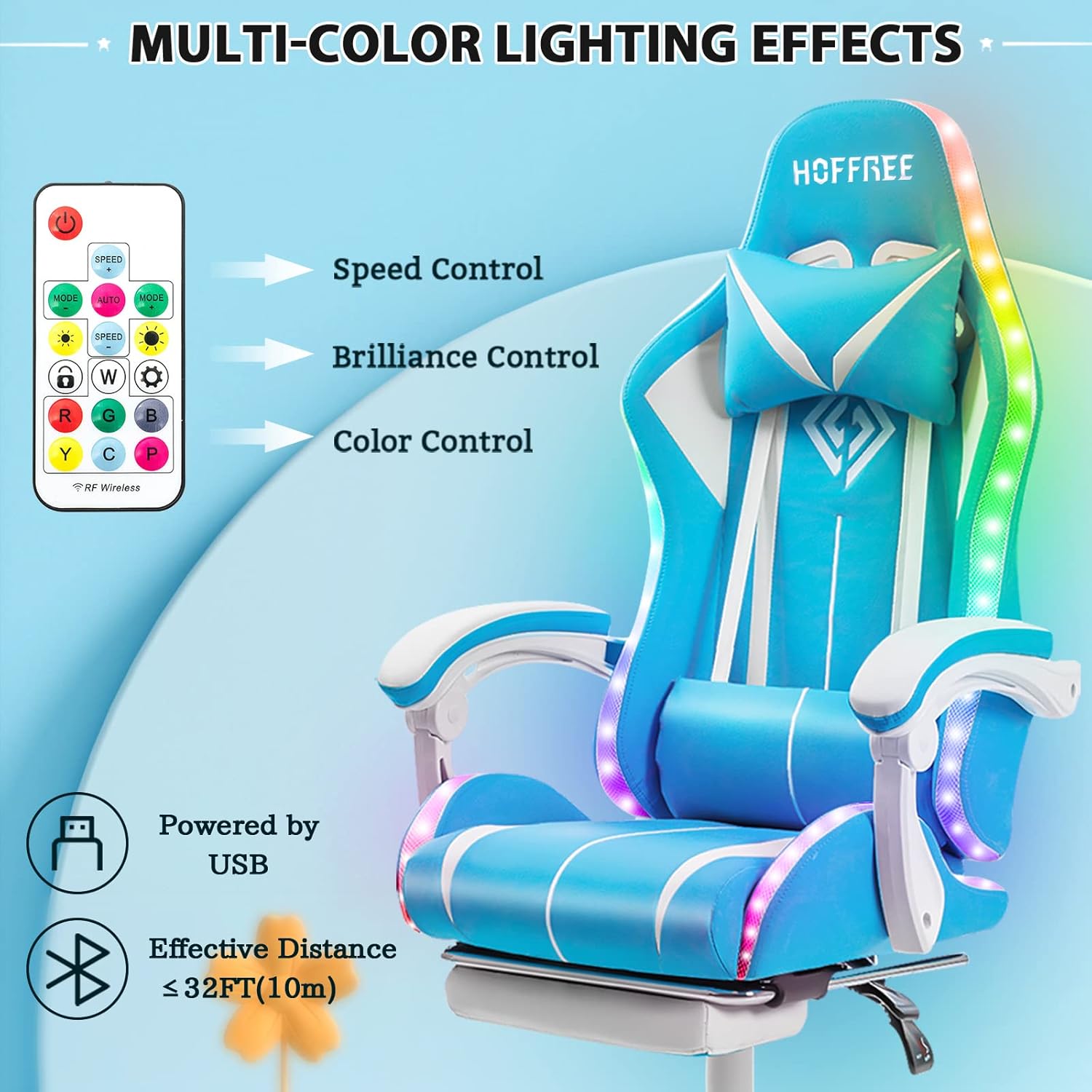 Detailed product dimensions of the gaming chair in centimeters and inches, showing height, width, and depth measurements.