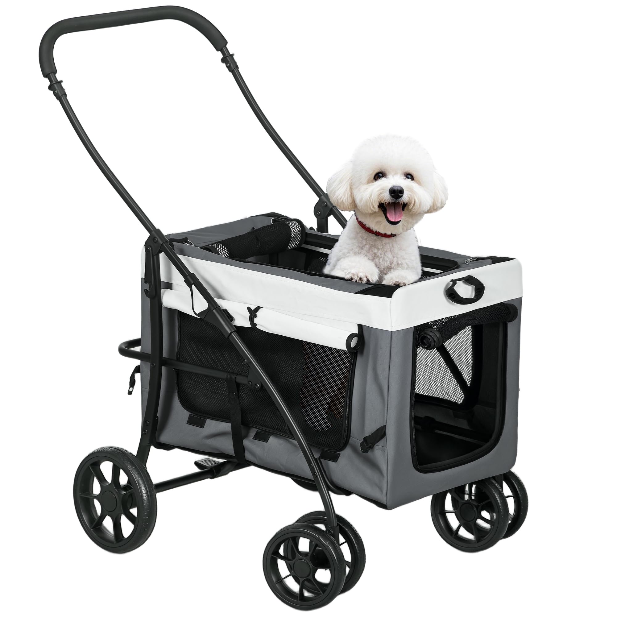 PawHut Carrito para Perros 4 en 1, Cochecito para Perros Plegable, Transportín para Mascotas con Vagón Desmontable, Cojín, Carga 10 kg, para Pequeños, Gris