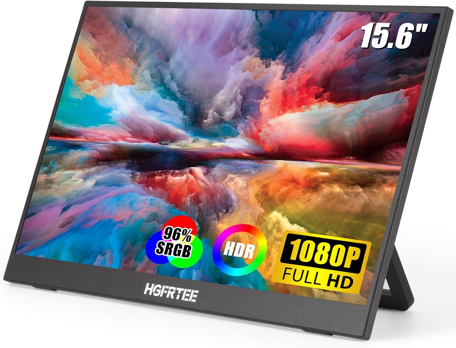 HGFRTEE 15.6-inch Portable Monitor displaying colorful abstract art.