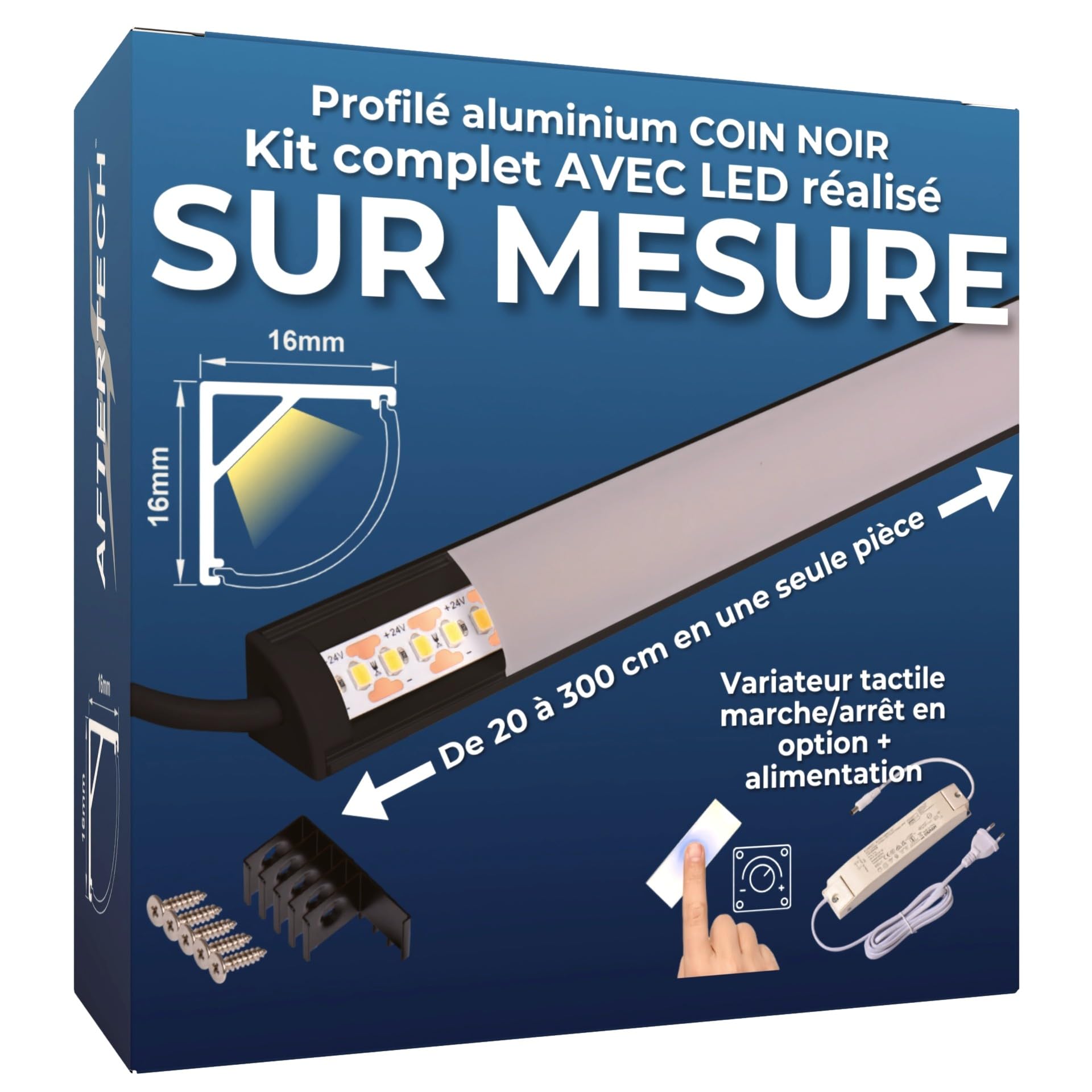 AFTERTECH - Barre LED Profilé Aluminium d'Angle Noir FABRIQUÉ SUR MESURE au centimètre de 20 à 300cm en une SEULE pièce - LUMIÈRE PUISSANTE 19,2w/m 180led/m - PERSONNALISABLE