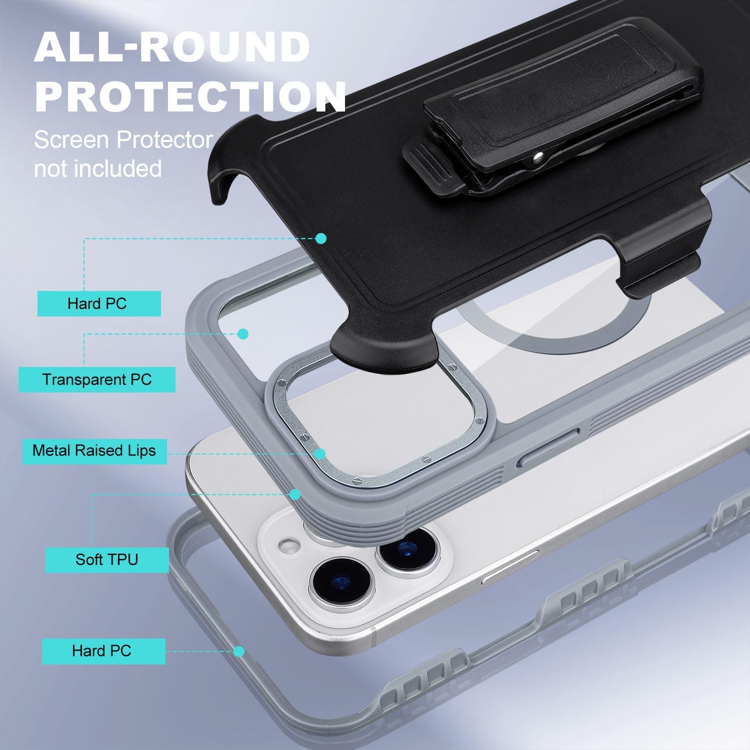 Defender for Clear iPhone 14 Pro Max Case with Belt Clip Holster, Compatible with MagSafe, Anti-Yellowing, Full-Body Phone Cover for iPhone 14 Pro Max Case (Clear & Grey) - Image 6
