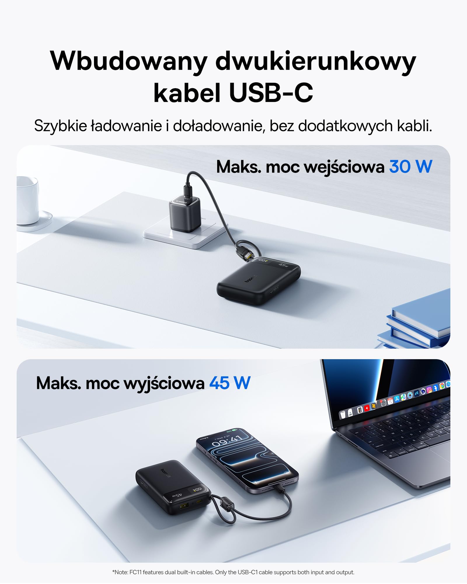 Baseus FC11 Power Bank, przenośna ładowarka 20000 mAh z podwójnym wbudowanym kablem, kompaktowy akumulator 45 W, chowany kabel, inteligentny wyświetlacz, do iPhone'a Air/17/16, iPada, laptopa