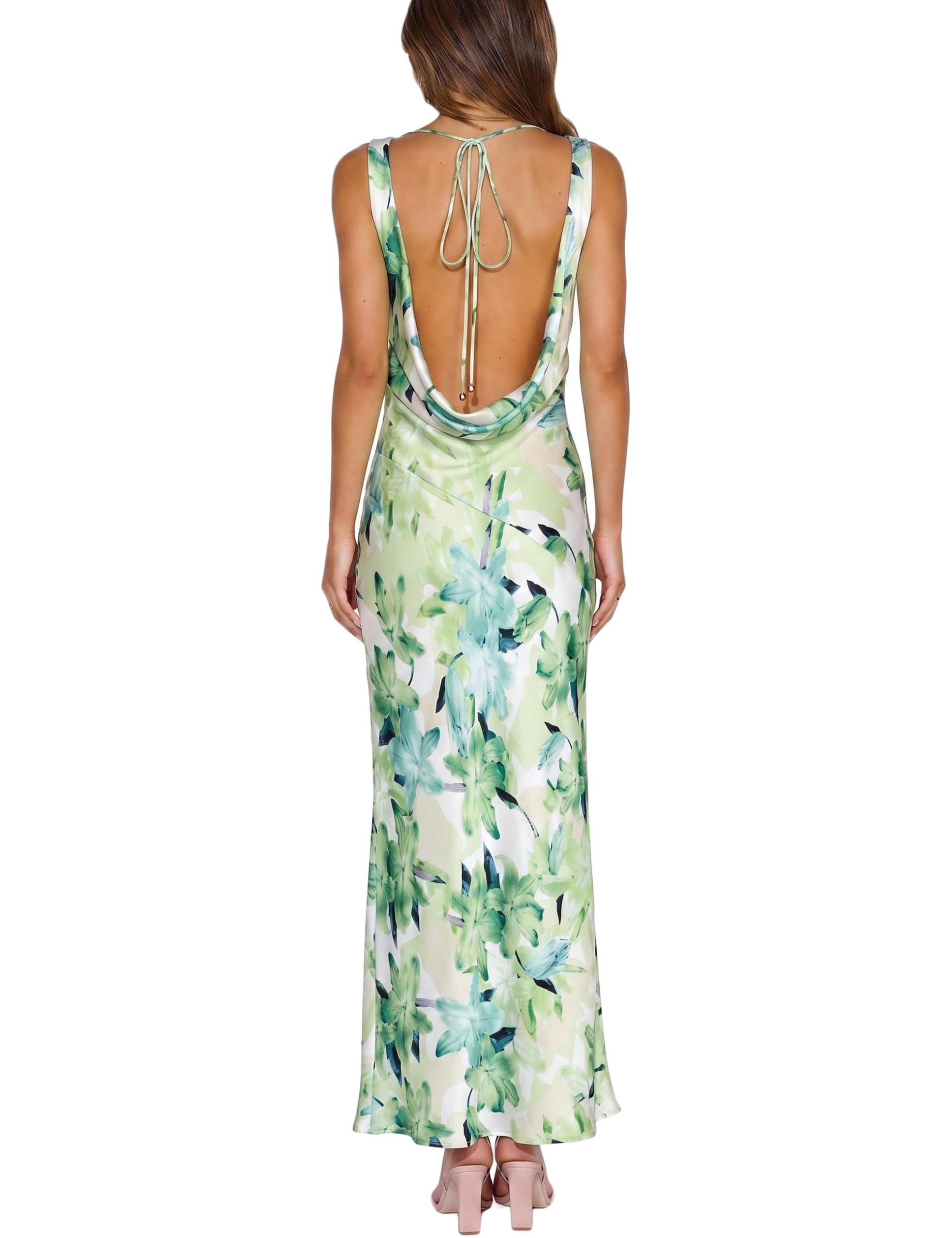 Satin Cowl Neck Sleeveless Backless Maxi Wedding Guest Dress Silk Open Back Tie Back Prom Formal Dresses for Women 2024, Green Floral, S