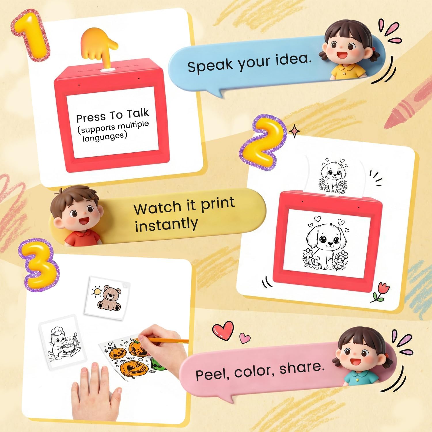 AI Sticker Printer for Kids, Portable Sticker Maker with Voice-to-Image Generation, Instant Thermal Printing, Creative Toy Kit with 3 Paper Rolls and Coloring Pens