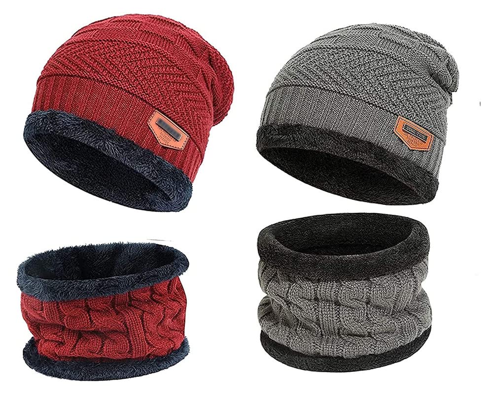 TruFlair 2 Pairs Men's & Women's Snow Proof Inside Fur Warm Woolen Cap with Neck Muffler Neck Warmer Scarf for Winters - Free Size (Red and Grey) Unisex Beanie Cap