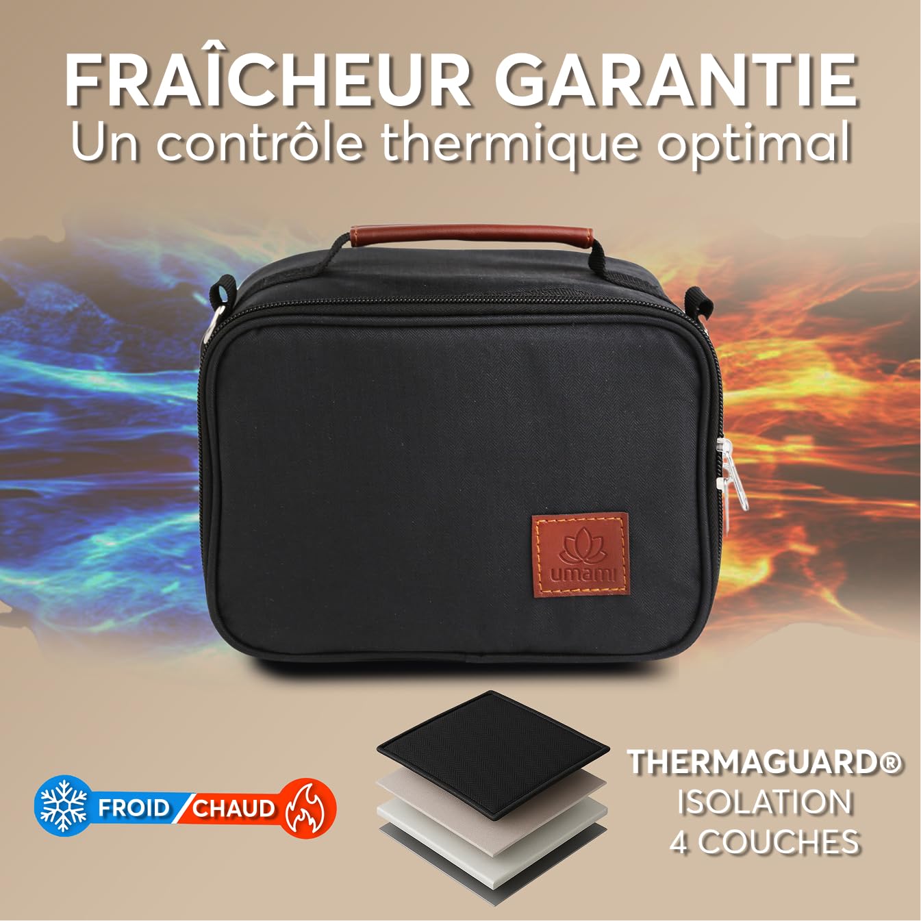Umami Sac Isotherme Repas Femme/Homme 4L, L'élégance et la fraîcheur au Quotidien avec Notre Lunch Box Isotherme, idéale pour Le Bureau, sur Le Pouce, Petite Glacière Souple, Noir Uni