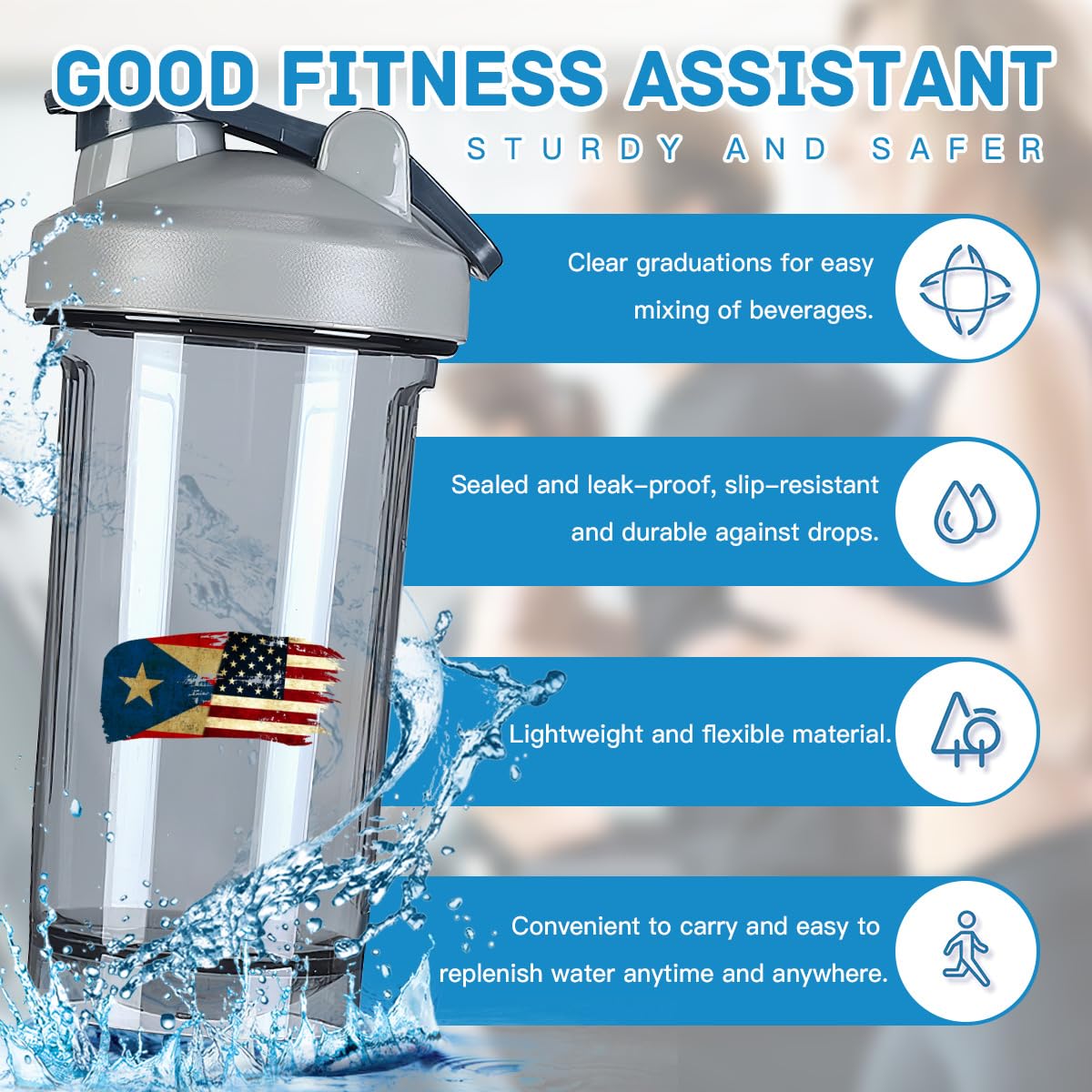 Porto Rico America Flag 18 Ounce Shaker Cup,Fashion Theme Pattern Shaker Bottle Leak-proof Workout Shake Bottles 500ML/18 oz Perfect for Pre Workout
