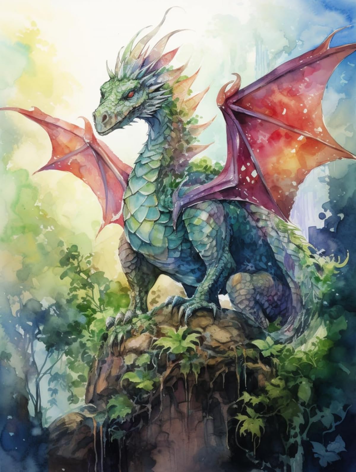 N.LANSHAN DIY Tapestry Kits for Adults Watercolor Dragon Latch Hook Kit Fantasy Animals Rug Making Kit DIY Craft Latch Hook Rug Set Tapestry Cushion Pre-Printed Patterns 100x140cm
