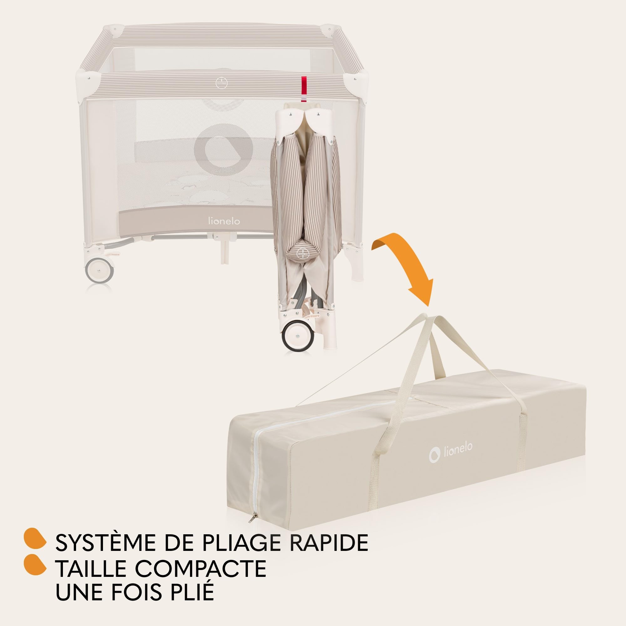 LIONELO BONNIE Parc Bébé jusqu'à 15 kg, de la Naissance à 36 mois, Accès Latéral Zippé, Filets Latéraux Aérés, Pliage Rapide, Roues Freinées, Sac de Transport (Beige)