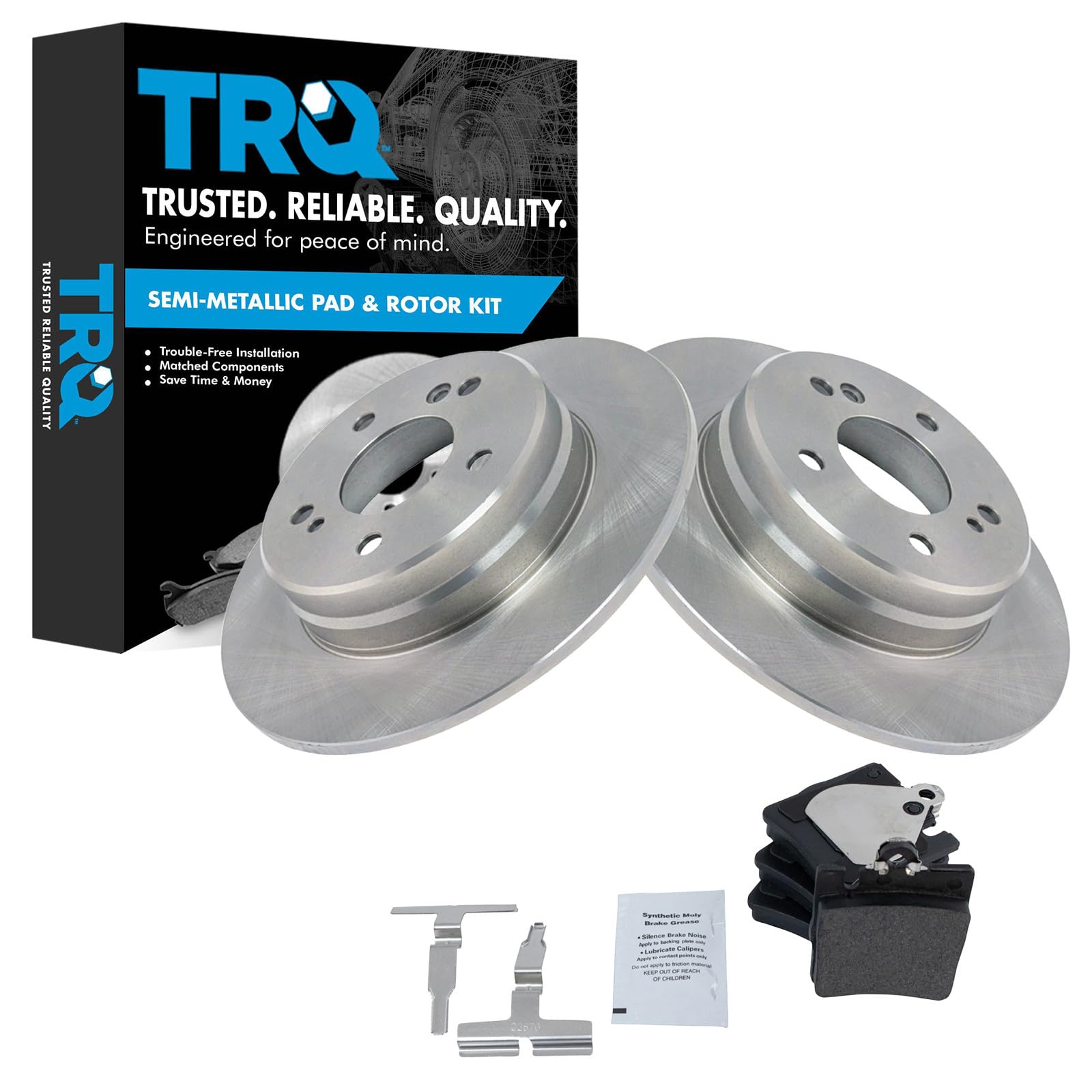 TRQ Rear Brake Pad &amp; Rotor Semi Metallic Compatible with 2004-2008 Chrysler Crossfire 1997-2007 Mercedes-Benz C230 1997-2005 C240 1998-2004 SLK230 2006-2008 SLK280 2009-2011 SLK300 2008-2011 SLK350