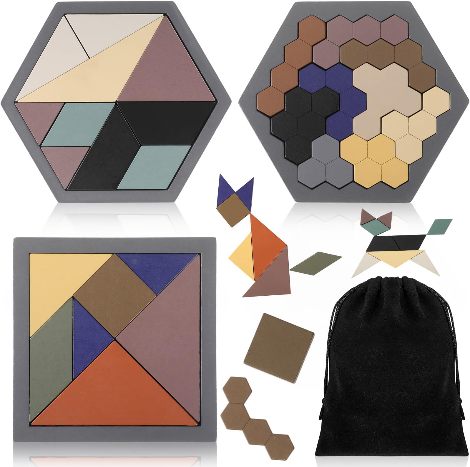 Yunsailing 3 Pack Large Hexagon Tangram Puzzle Wooden Brain Puzzles for Adult Challenge Wood Russian Blocks Brain Teasers Geometric Jigsaw Block Logic Iq Stem Family Graduation Gifts(Retro)
