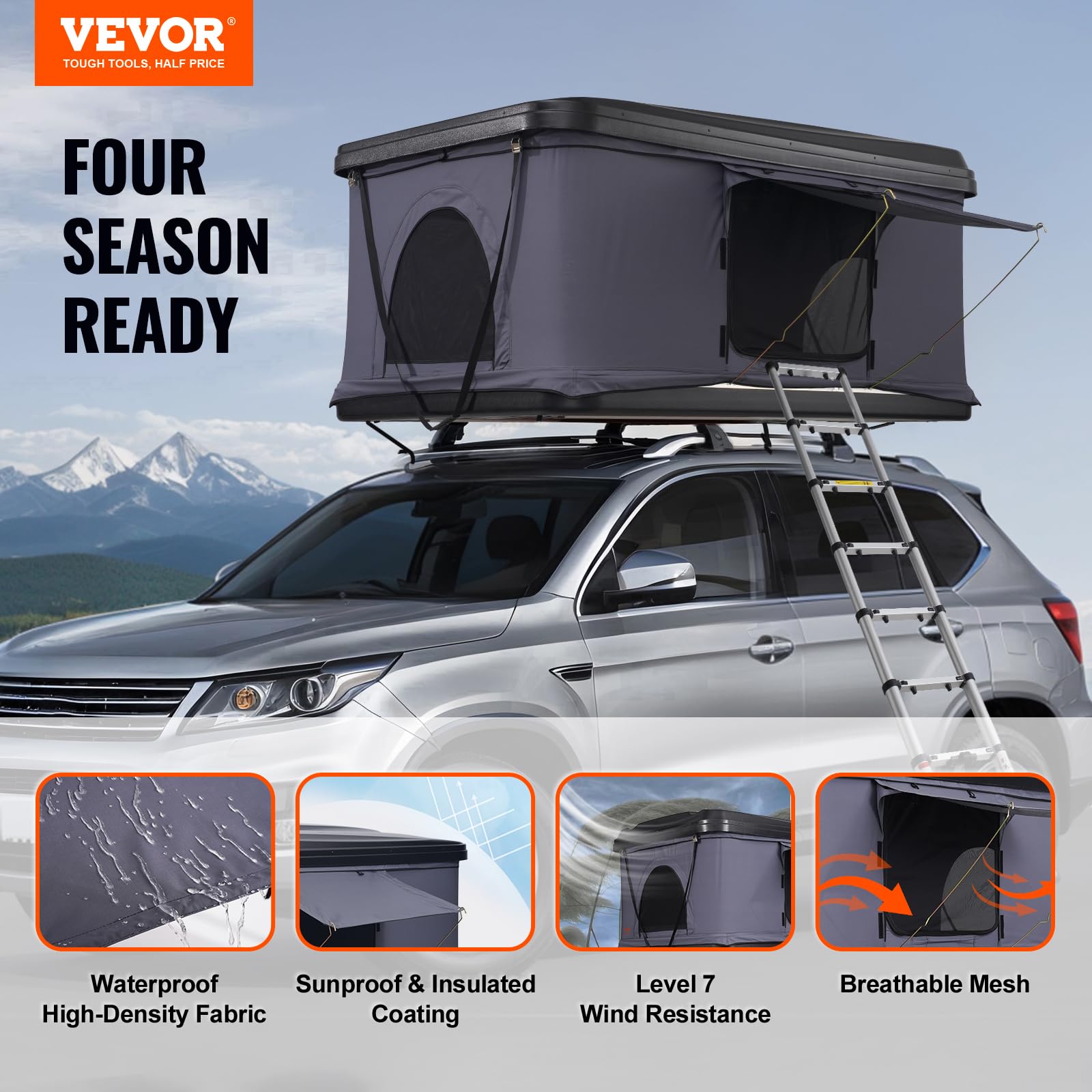 VEVOR Tenda da Tetto Rigida per 2-3 Persone, con Scala Telescopica e Materasso Spesso, Impermeabile e Antivento per Jeep SUV Van Pickup Truck
