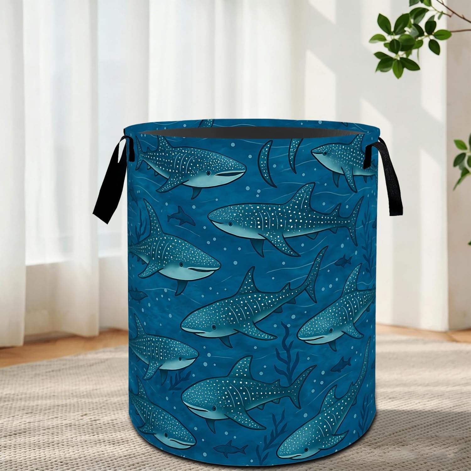 Whale Shark Laundry Basket with Handles,Ocean Marine Life Round Waterproof Clothes Storage Baskets,Collapsible Bin for Bedroom Bathroom Dorm Gifts Sea Animal Decor 19.7x15.7 Inch