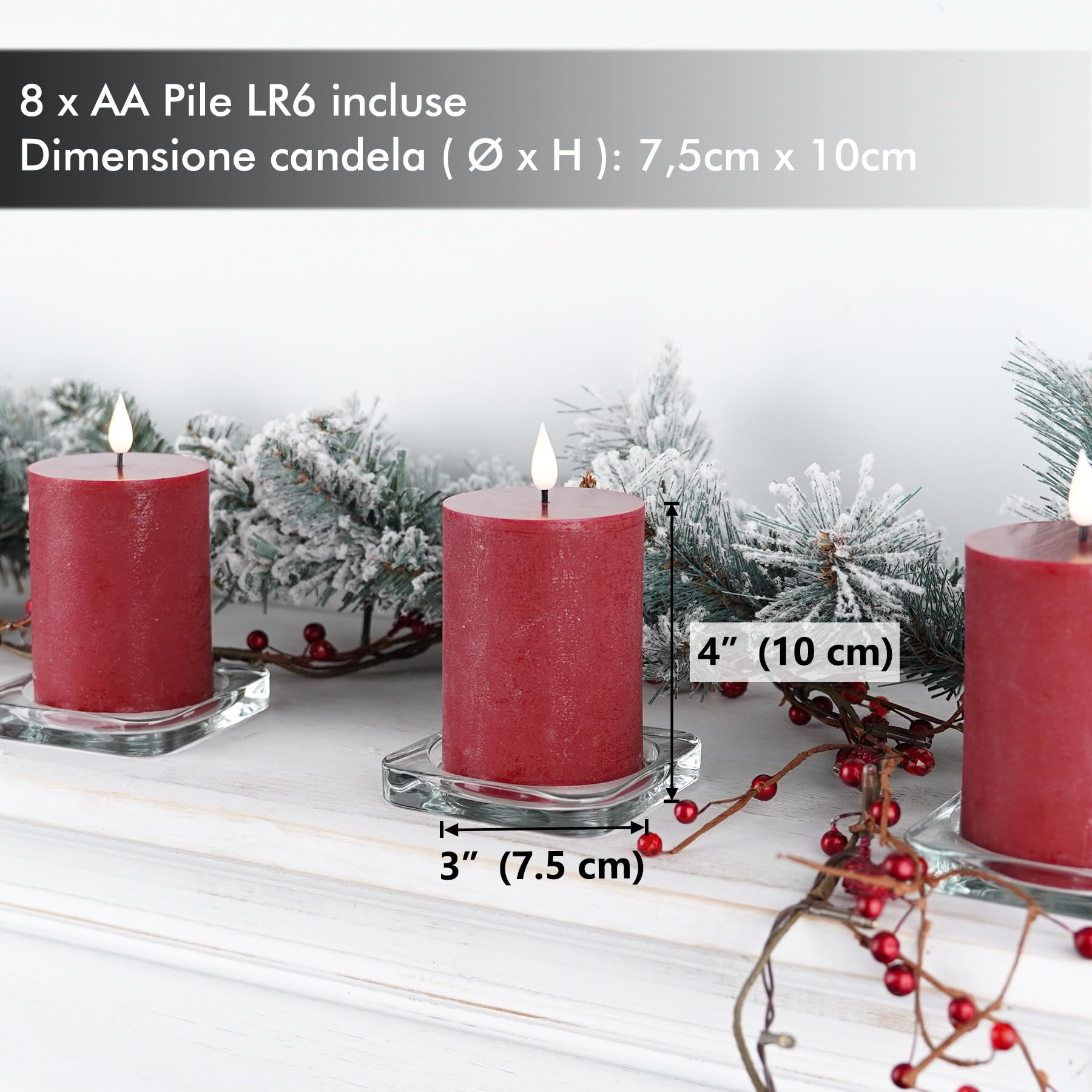 Fanna 4 Rosso Bordeaux Candele LED in Rustico con Telecomando e Batterie, Candele a LED Decorative con Timer per Avvento e Natale Uso Interno - H 10cm