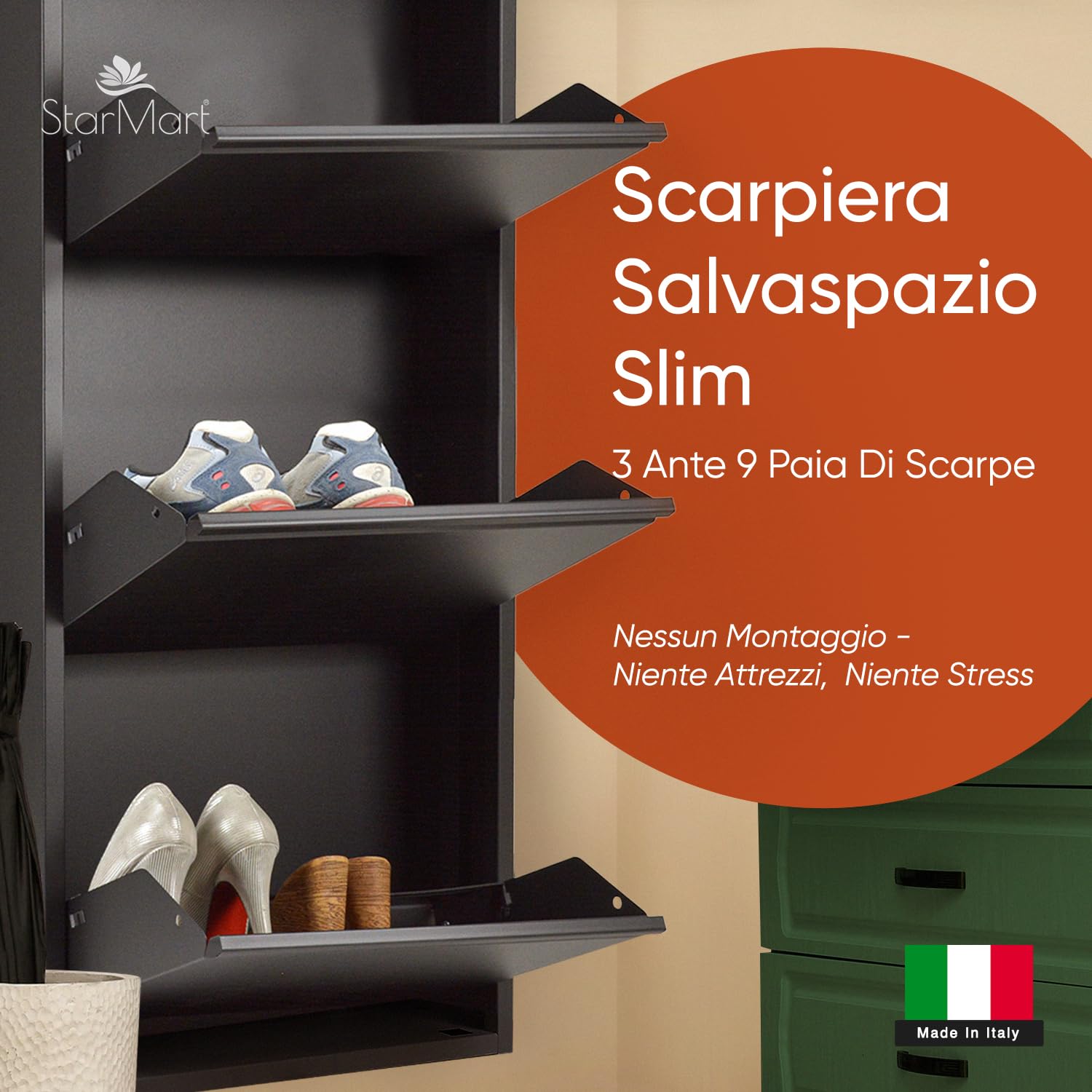 StarMart Scarpiera Salvaspazio Slim NERA (3 Ante 9 Paia, Nessun Montaggio) Struttura in Metallo resistente (no plastica, tessuto, or legno), per Interni/Esterni, Scarpe/Stivali, Garanzia 15 Anni