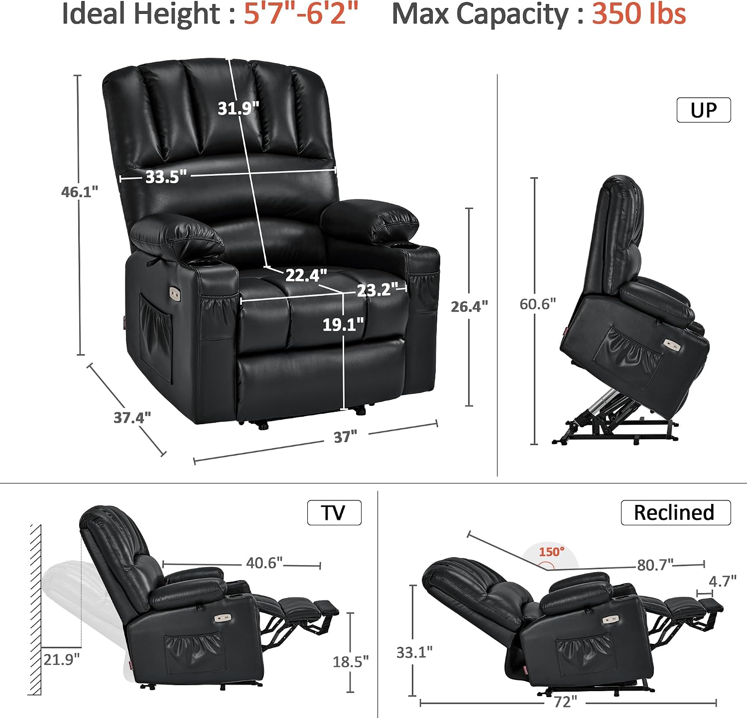 MCombo Large Power Lift Recliner Chair for Elderly, Lift Chair with Heat and Massage, 3 Positions, USB Charge Ports, Cup Holders, Faux Leather 7099 (Large, Black)