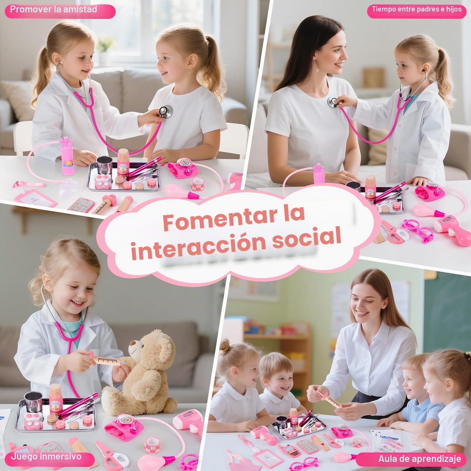 Sundaymot Maletin Medicos Juguete, 35 Piezas Madera Doctora Juguete con Estetoscopio Real, Bata, Cilindro de oxígeno, Termómetro y Jeringa, Juguete Educativo para Niños de 3+ Años