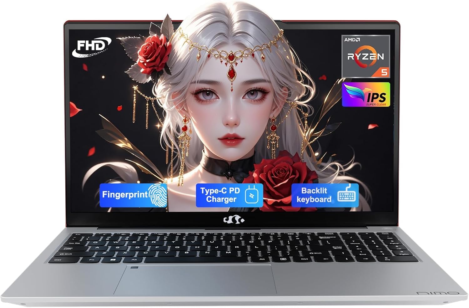 NIMO 15.6'' IPS FHD-Laptop, 16GB RAM 512GB SSD AMD Ryzen 5, 4 Cores Up to 3.7GHz Student Computer with 2 Years Warranty, 65W Type-C, Fingerprint, Backlit Keyboard, BT5.2