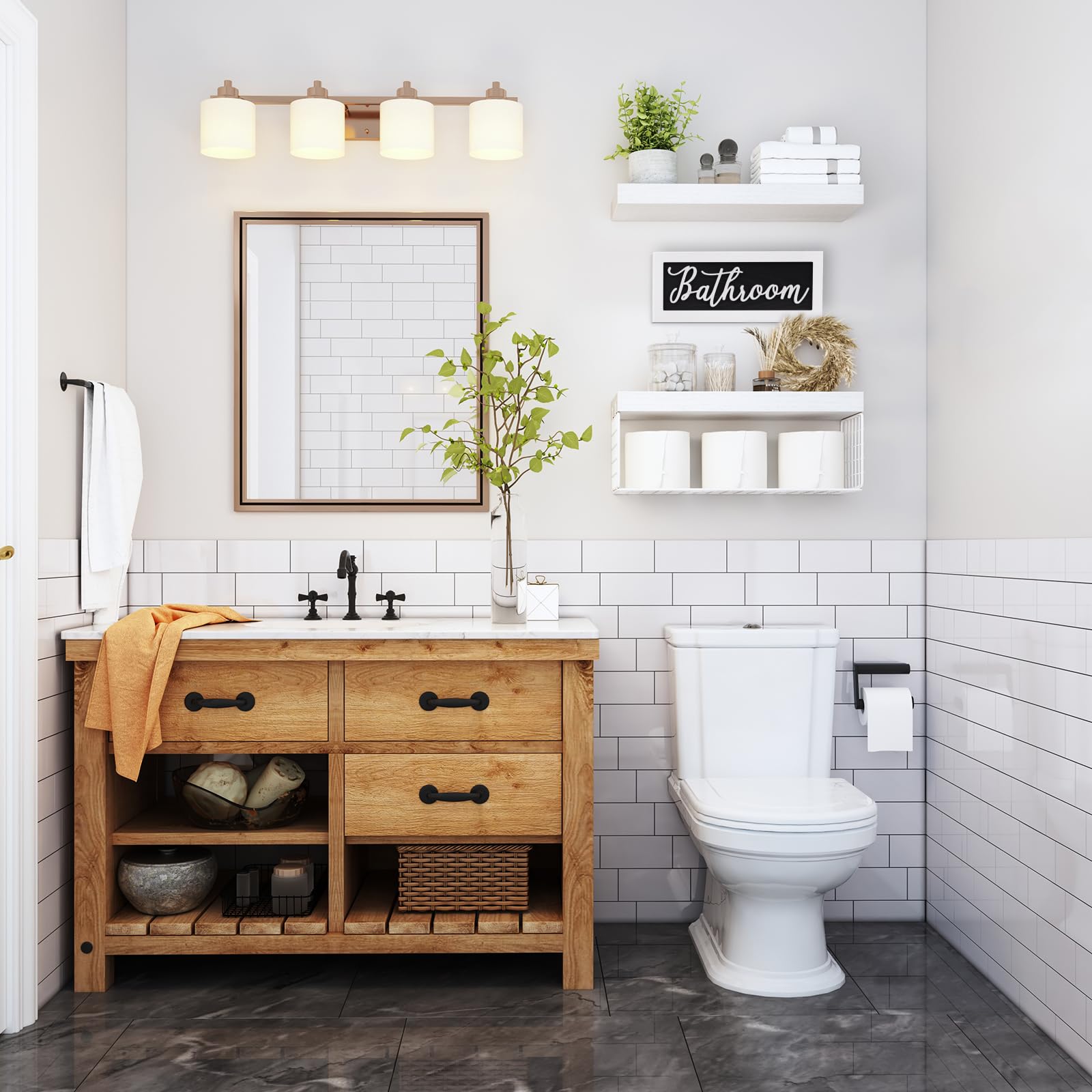 QEEIG Estantes de decoración de baño, juegos de decoración de pared de granja, estantes flotantes sobre el inodoro, soporte de papel higiénico pequeño 2+1, 16 pulgadas, blanco