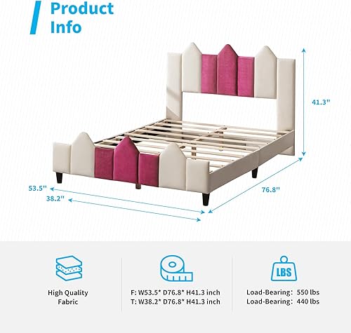 Miniatura 2 de MUZZ Base de cama de plataforma de tamaño individual rosa para niños, marco de cama tapizado de tela de terciopelo, marco resistente y soporte de