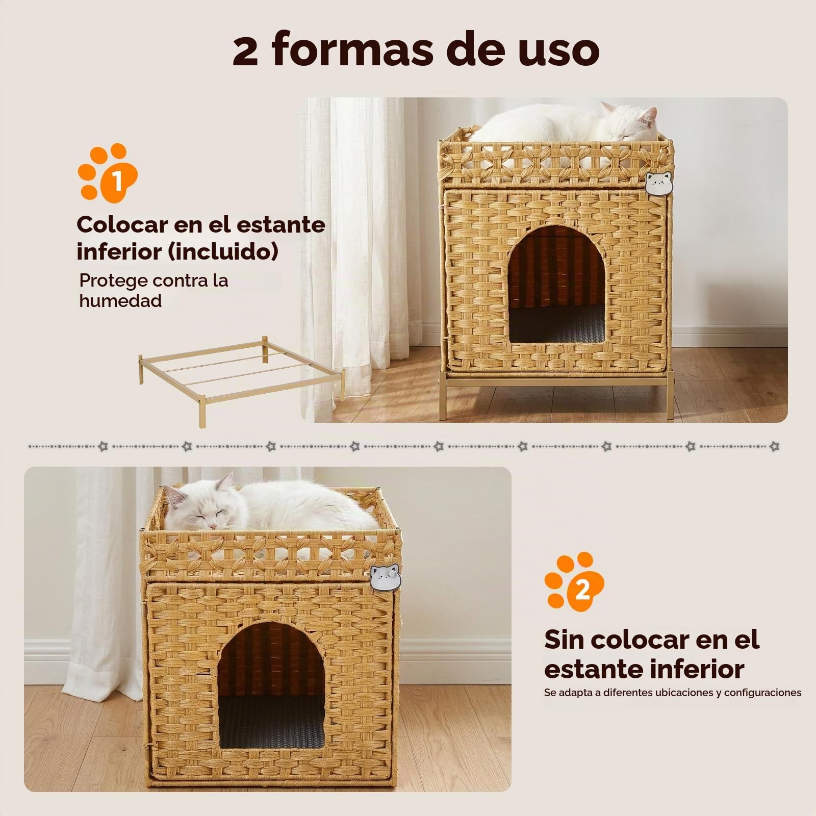 Caja De Arena para Gatos, Casa para Gatos Tejida A Mano En PE RattáN con Alfombra Y Ganchos S, Mueble De Caja De Arena Oculta para Sala, Dormitorio Y BalcóN, 47X52X59 Cm, Natural