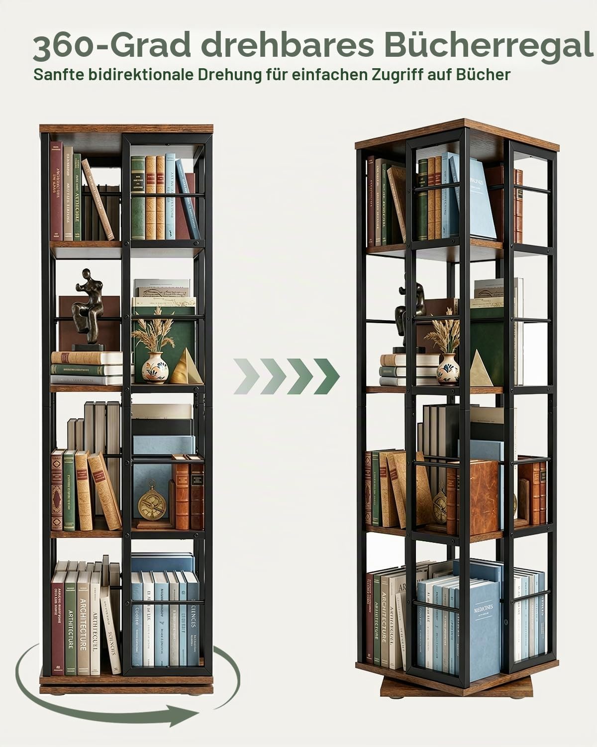 Drehbares Bücherregal 360 Grad, Drehregal Standregal mit 4 Ebenen, Rotating Bookshelf Platzsparend, Bodenstehendes Bücherschrank Holz, Drehregal Bücher für Wohnzimmer, Schlafzimmer, Büro (Schwarz)